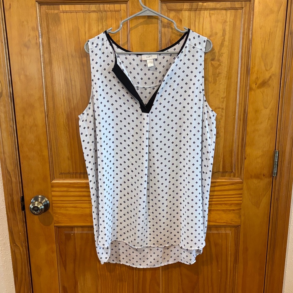 LOFT White Sleeveless V-Neck Polka Dot Tank with Black Trim